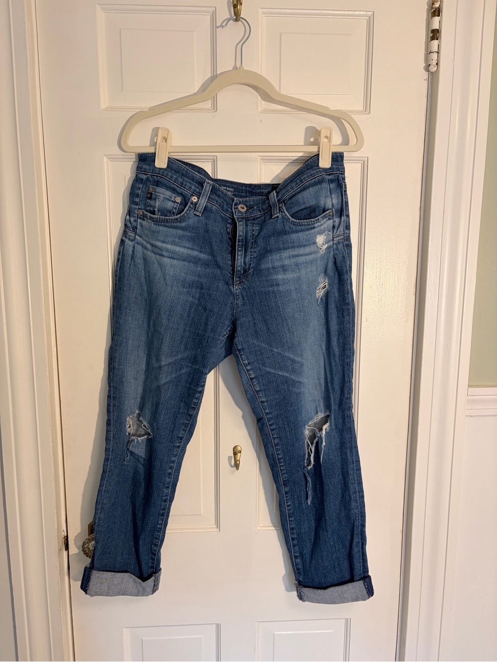 AG Adriano Goldschmied Distressed Medium Blue Boyfriend Jeans